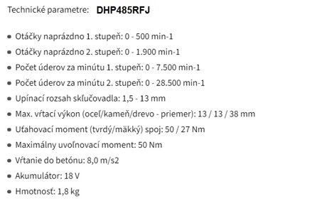 AKUMULÁTOROVÝ VŔTACÍ SKRUTKOVAČ S PRÍKLEPOM DHP485RFJ