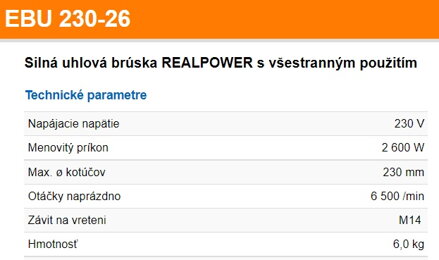 EBU 230-26 Silná uhlová brúska REALPOWER s všestranným použitím